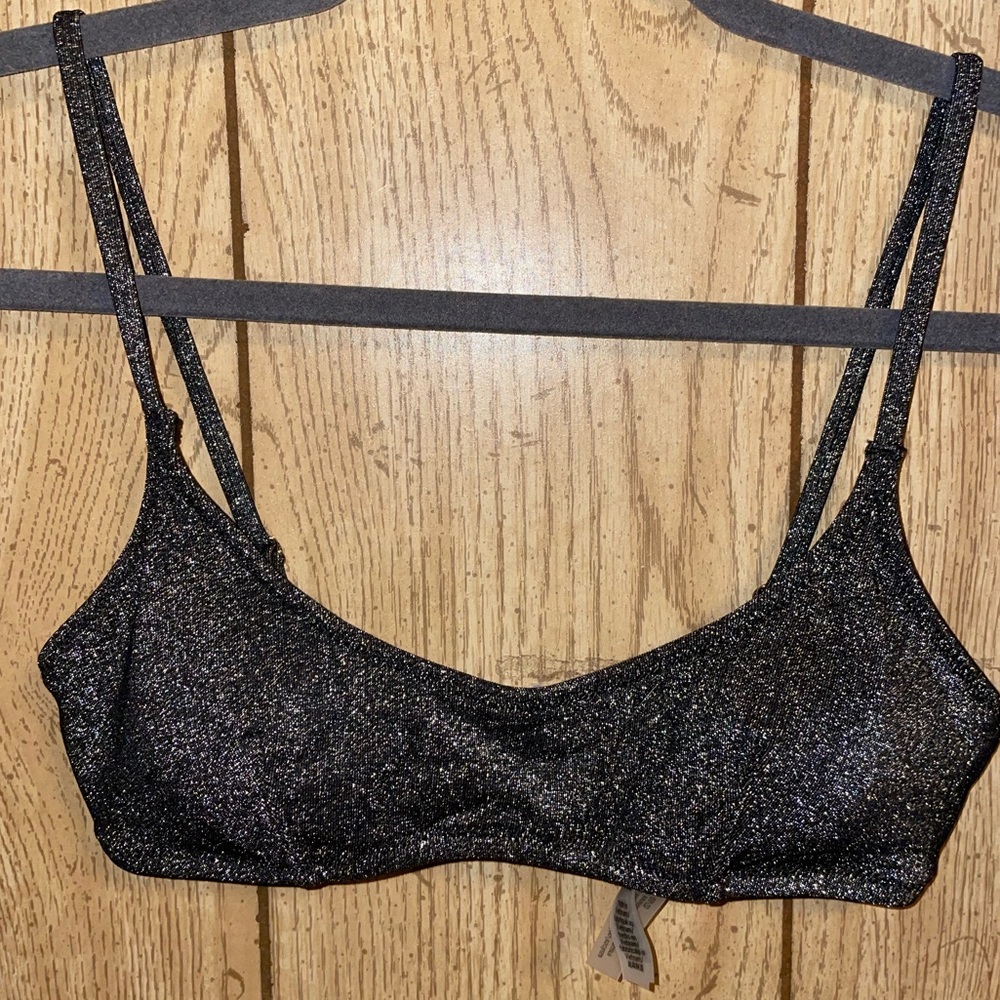 NWOT Victoria’s Secret Black With Silver Shimmer Scoop Neck Thin Bikini Top